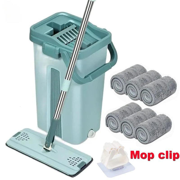 Flat squeeze mop with a hand-free wringing bucket. - Bunabo