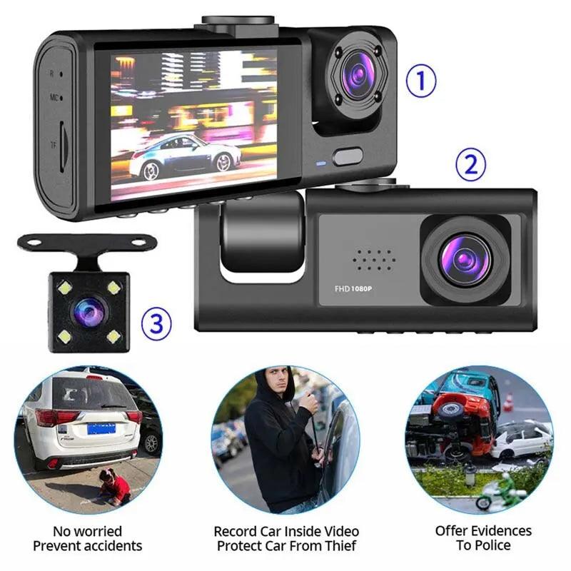 Dash Cam W/ IR Night Vision Loop Recording & 2" IPS Screen 1080P 3 Camera - Bunabo